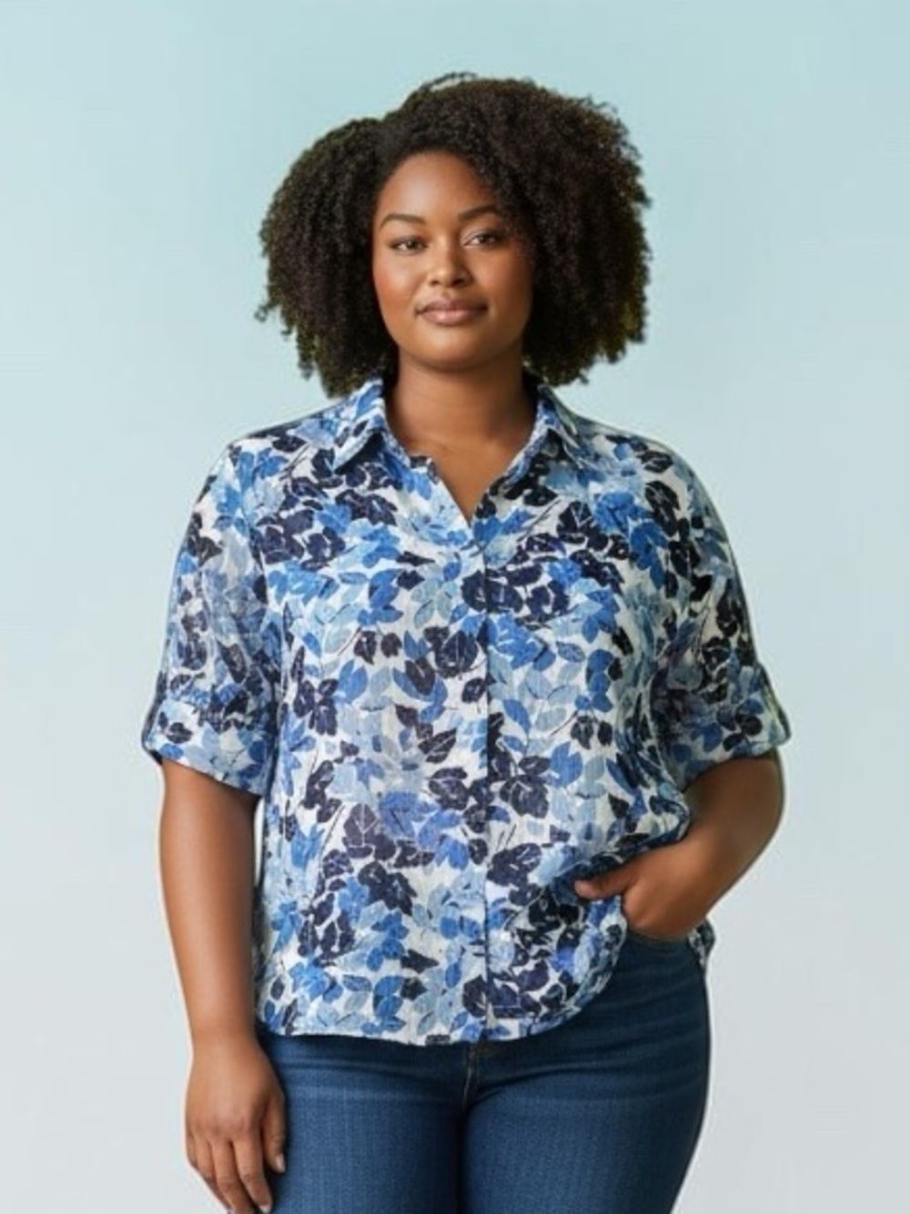 Chaps Blue Floral Sheer Button Down Blouse 2X XXL Flowers Spring Summer